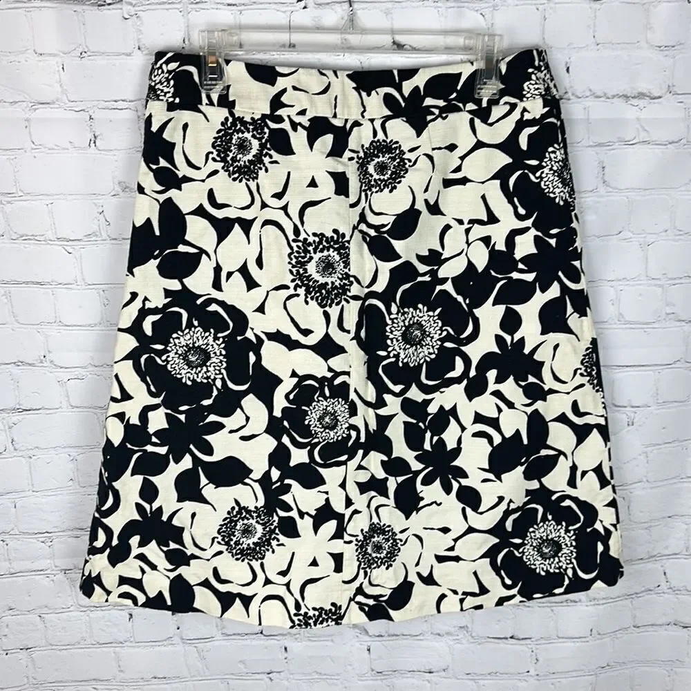 Merona Black Ivory Floral A-Line Lined Knee-Length Skirt Size 12
